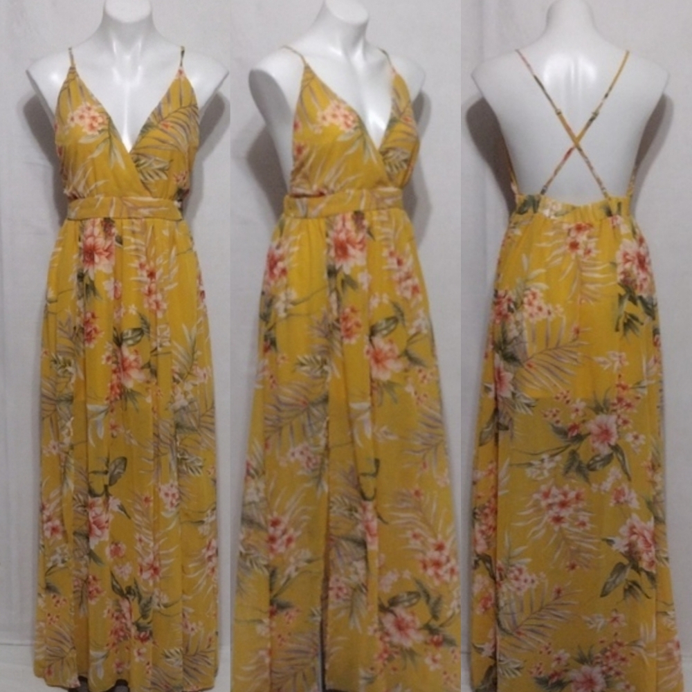 ReVamped Floral Maxi Dress Halter Open Back Crisscross Cottagecore Boho Small